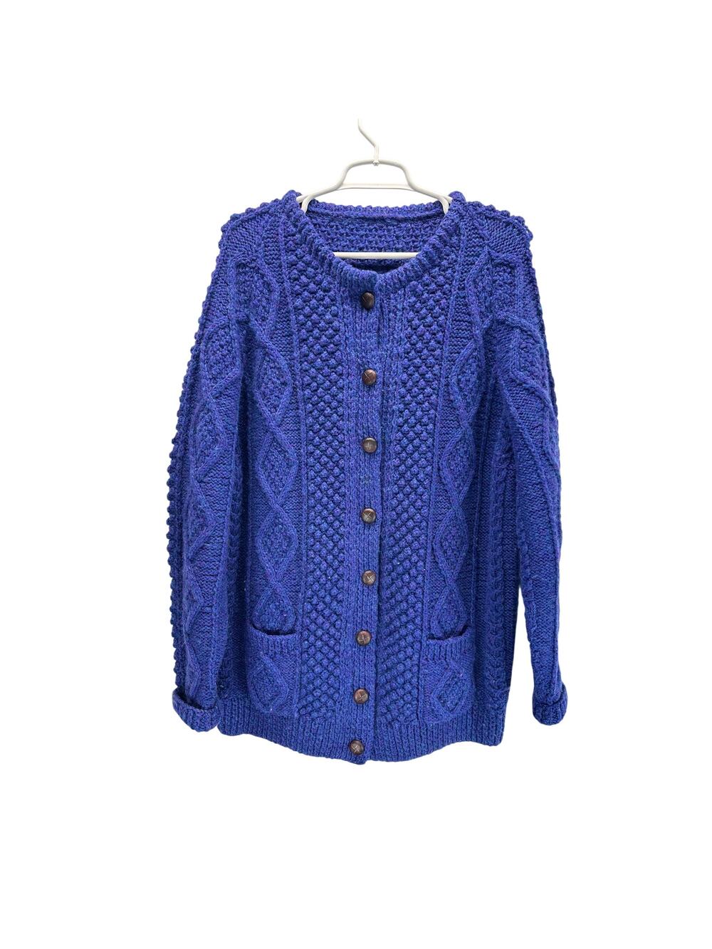 Blarney Woolen Mills Handknit Aran Lumber Cardigan Sweater Wool L Blue Purple